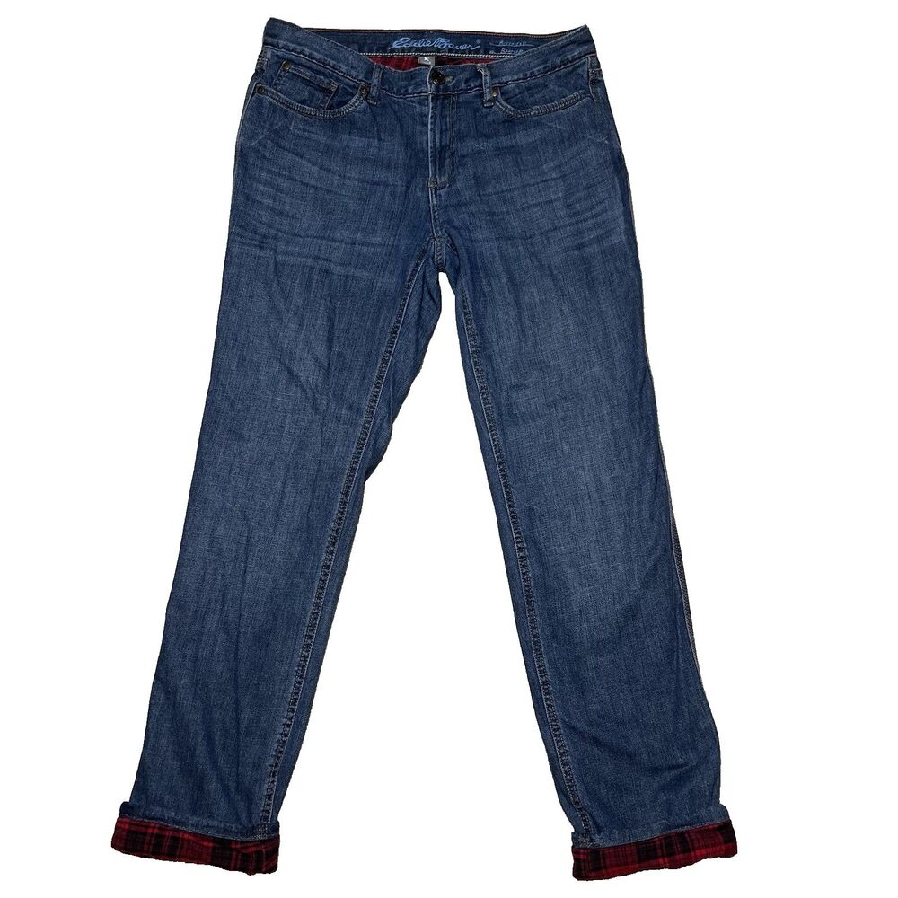 Eddie Bauer Red Flannel-Lined Blue Jeans Women's 6 Boyfriend Relaxed Cabin Plaid
